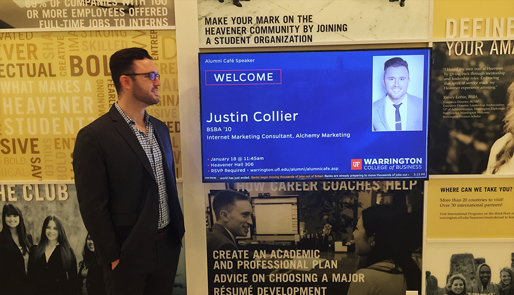 Justin Collier welcome screen at Warrington College of Business