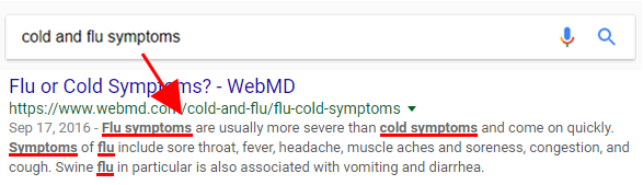 Example of bolded keywords in a Google result page