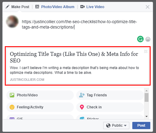 Example of title tag and meta description as seen on Facebook