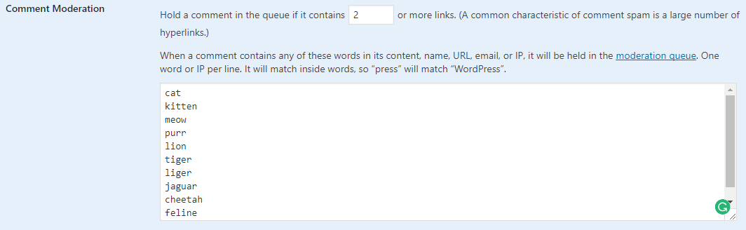 WordPress Comment Moderation Example